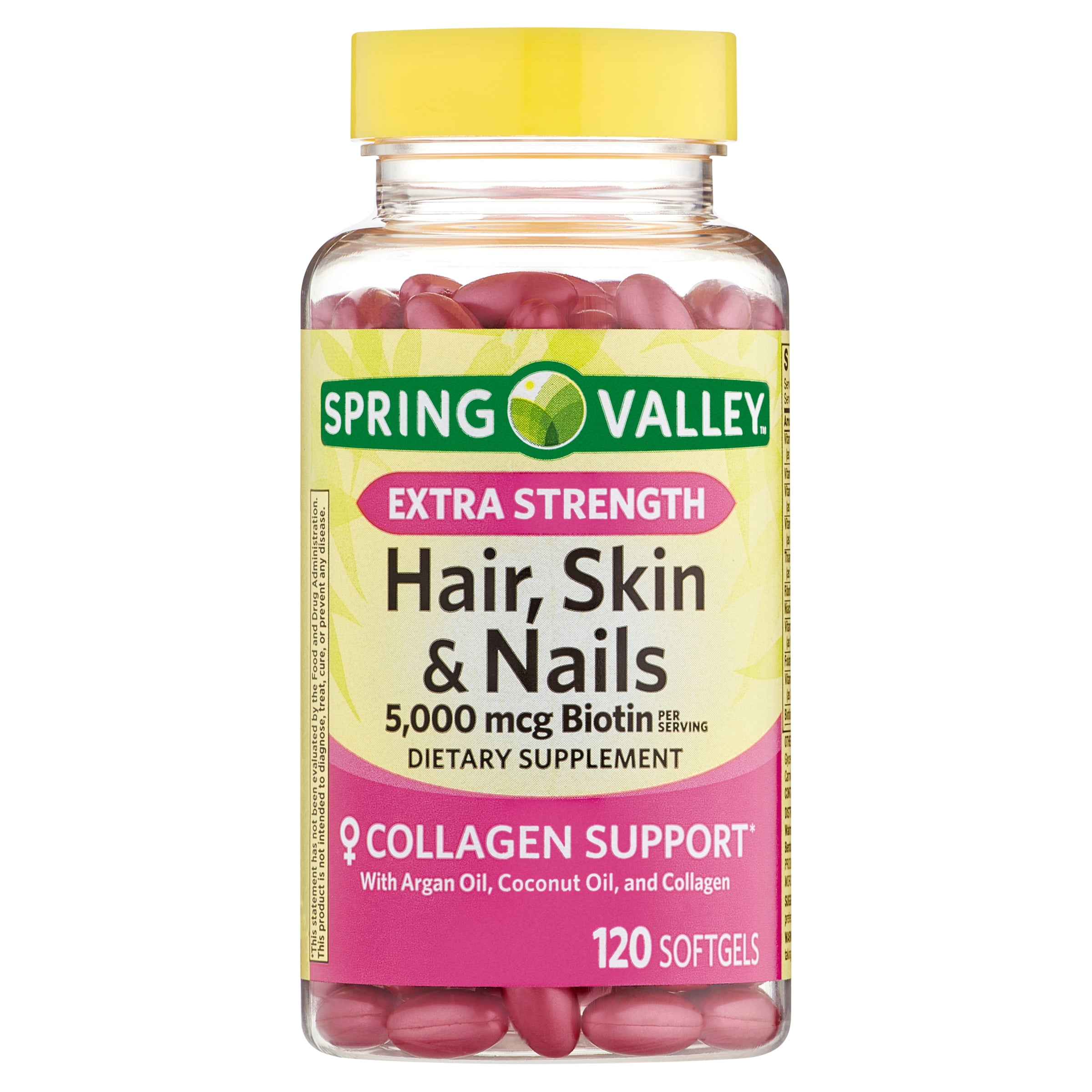 Spring Valley Extra Strength Hair, Skin, & Nails Collagen Support Softgels, 5000 mcg Biotin, 120 Count