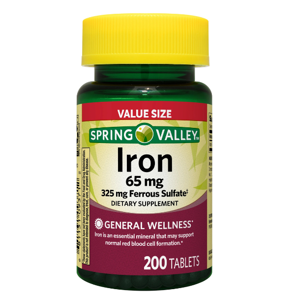 Spring Valley Iron Tablets Dietary Supplement Value Size, 65 mg, 200 Count