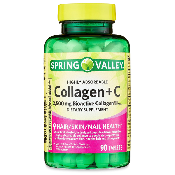 Spring Valley Highly Absorbable Collagen + C Tablets for Hair/Skin/Nail Health, 2,500 mg, 90 Count