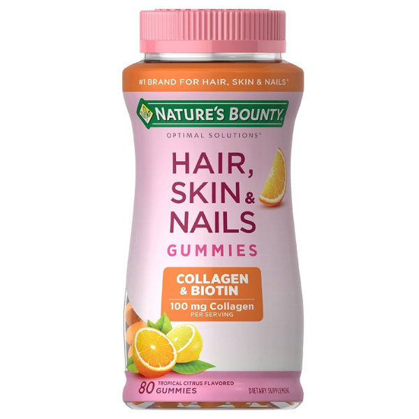 Nature&apos;s Bounty Optimal Solutions Hair, Skin & Nails with Biotin and Collagen, Citrus-Flavored Gummies Vitamin Supplement, 2500 mcg, 80 Ct