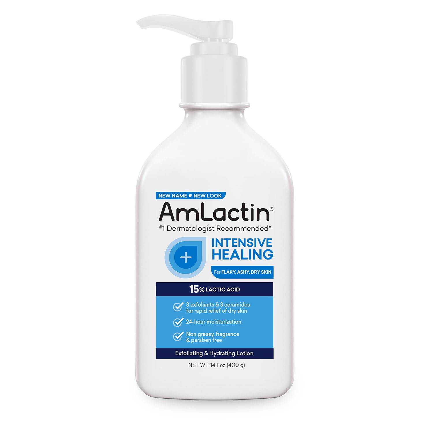 AmLactin Intensive Healing Body Lotion for Dry Skin, 14.1 oz Pump Bottle, 2-in-1 Exfoliator & Moisturizer with Ceramides & 15% Lactic Acid for Relief from Dry Skin Packaging May Vary