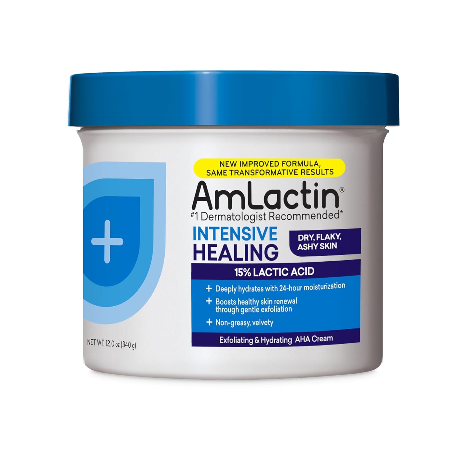 AmLactin Intensive Healing Body Cream, 12 oz Tub, 2-in-1 Exfoliator and Moisturizer for Dry Skin with 15% Lactic Acid and Ceramides for 24-Hour Moisturization