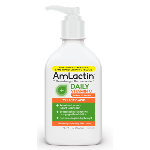 AmLactin Daily Vitamin C Lotion – 7.9 oz Body Lotion with 7% Lactic Acid – Skin-Brightening Exfoliator and Moisturizer for Dry Skin